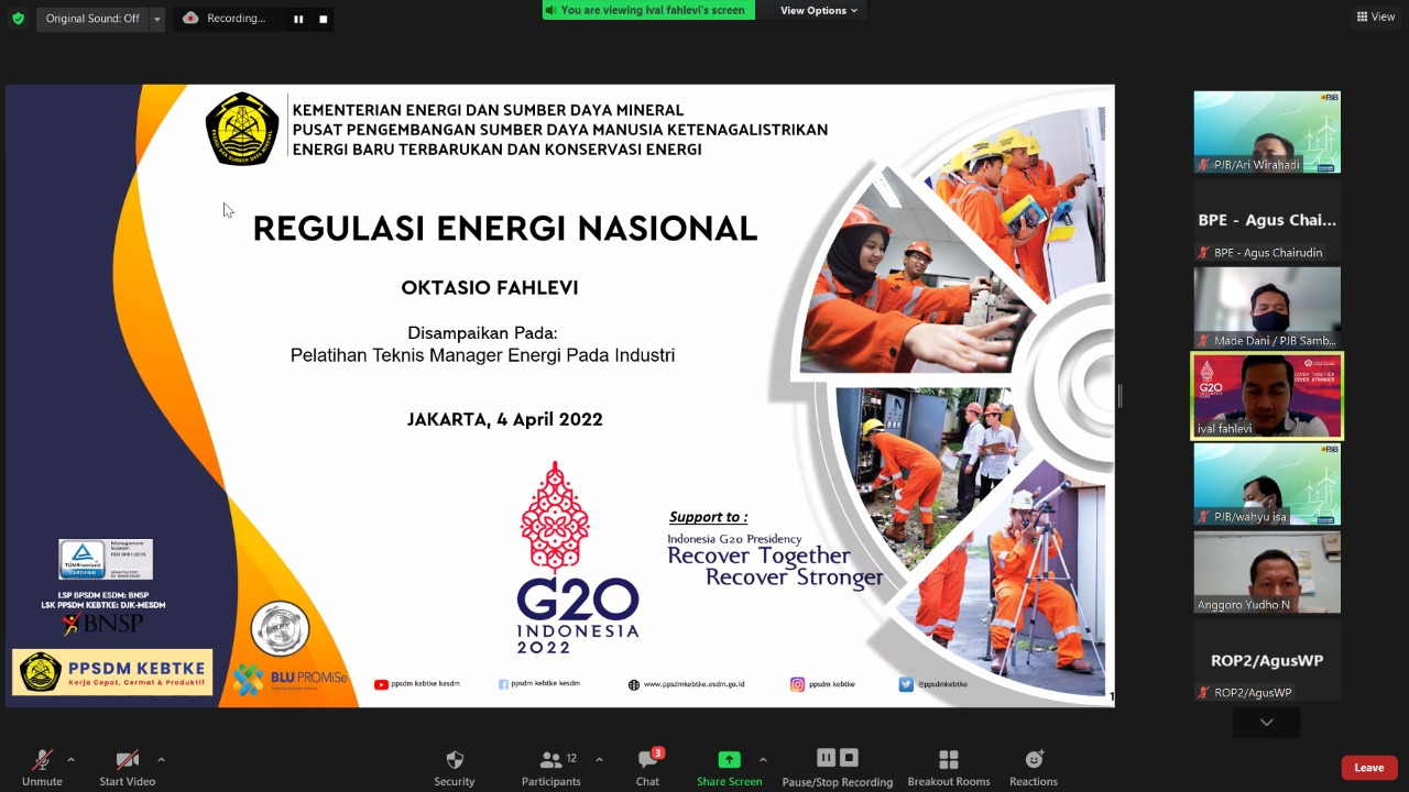Penyelenggaraan Pelatihan Sebagai Pembekalan Uji Sertifikasi Manager Energi Pada Industri
