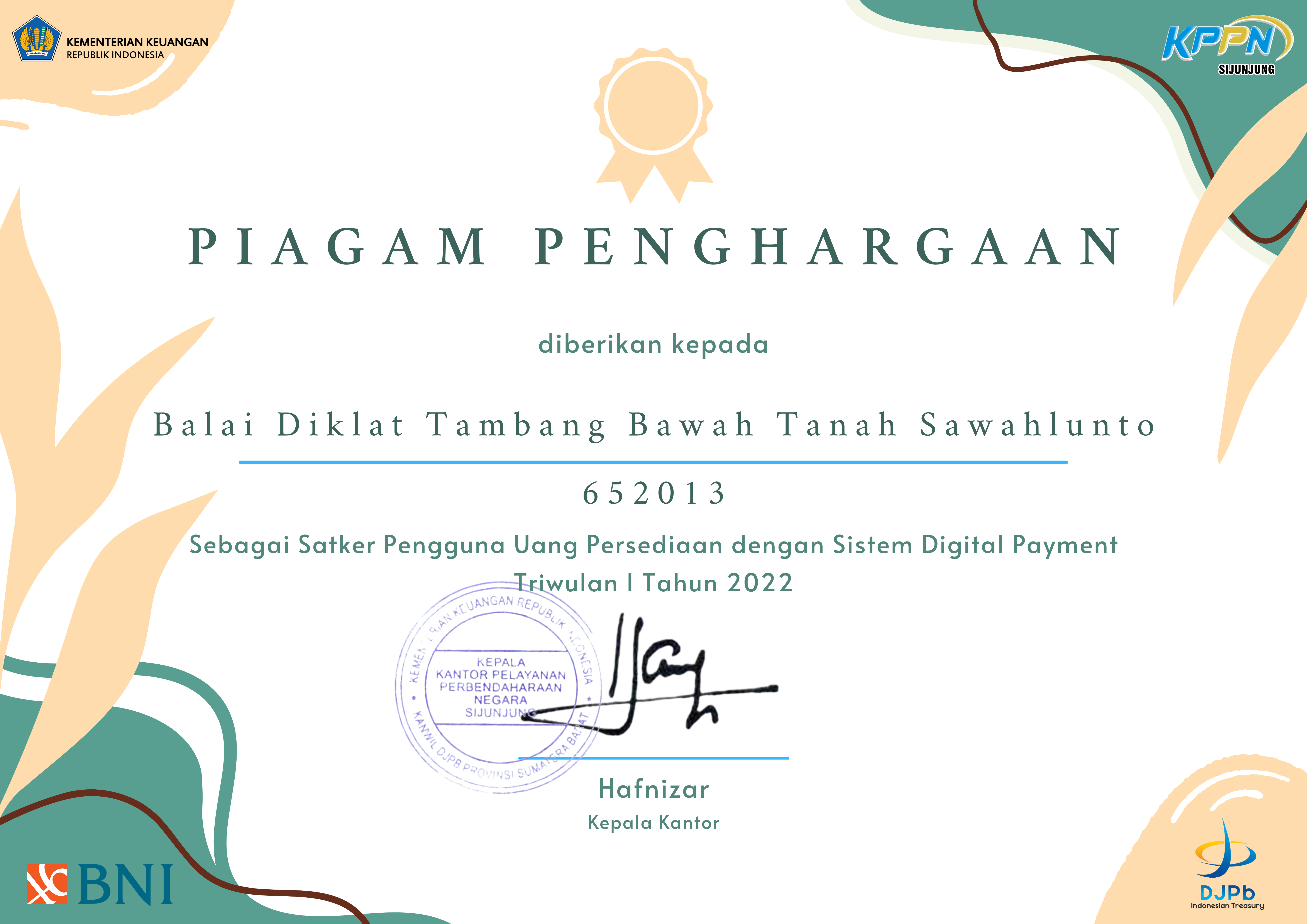 BDTBT Terima Penghargaan Sebagai  “Satker Pengguna Uang Persediaan Dengan Sistem Digital Payment” Dari KPPN Sijunjung
