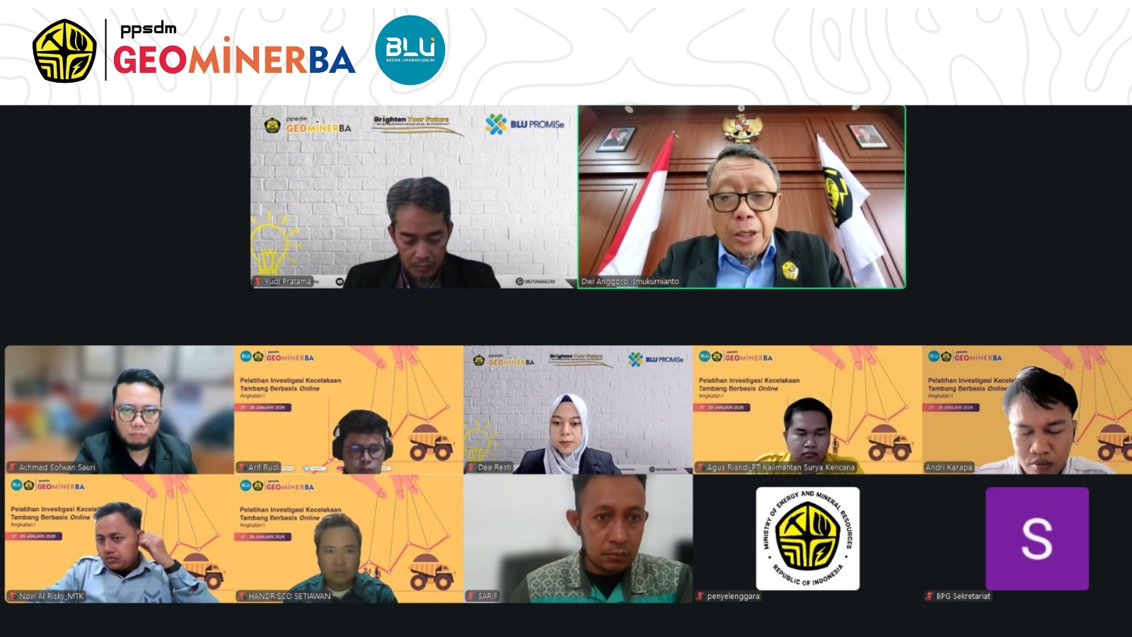 Pusat Pengembangan Sumber Daya Manusia Geologi, Mineral dan Batubara (PPSDM Geominerba) resmi membuka Pelatihan Investigasi Kecelakaan Tambang (IKT) Berbasis Online Angkatan I